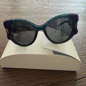 Prada Velvet Trim Cat-Eye Sunglasses in Teal and Purple